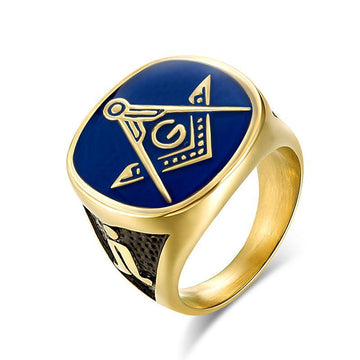 Vintage Blue Gold Color Titanium Steel Retro Masonic Men's Ring - The Jewellery Supermarket